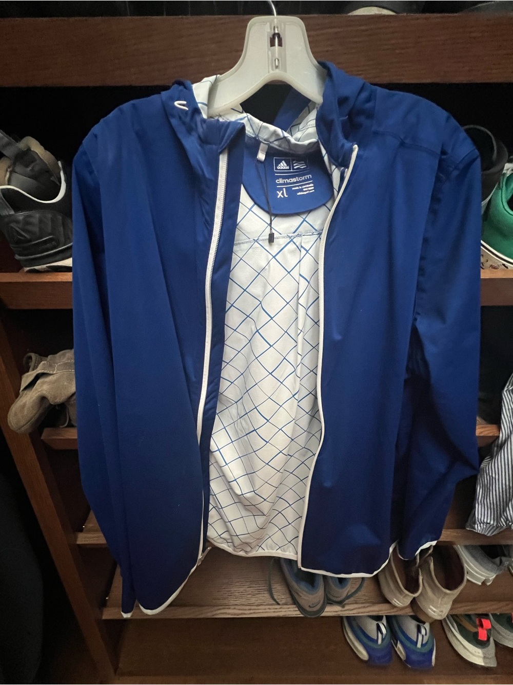 adidas Blue Hooded Windbreaker with White Trim. Great for golf